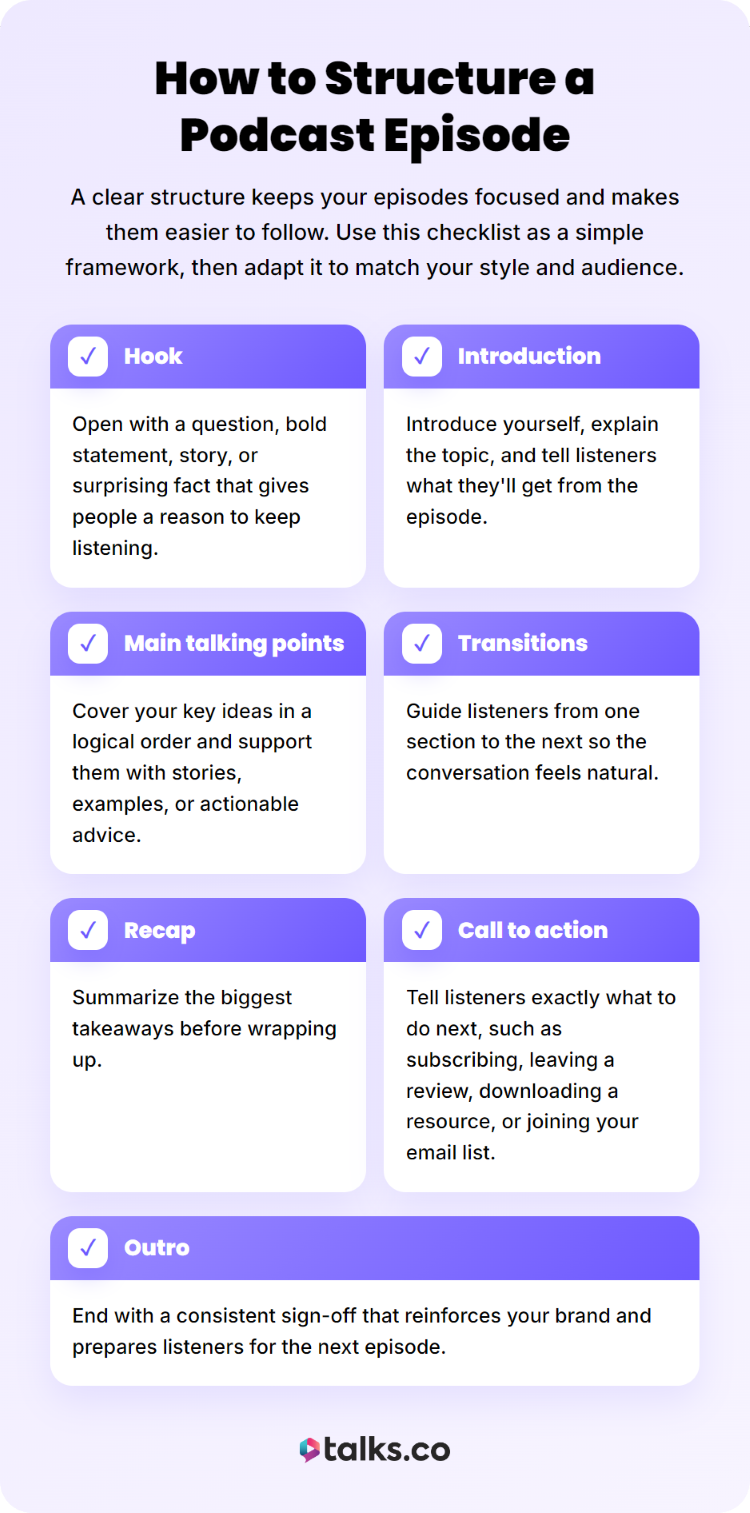 Podcast episode outline showing the recommended structure from hook and introduction through call to action and outro.