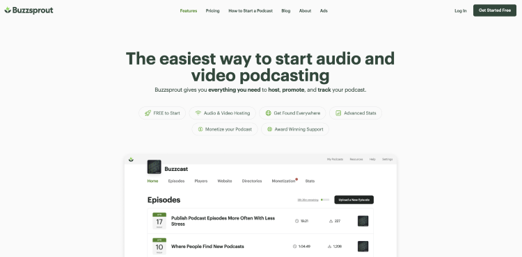 Buzzsprout podcast hosting platform homepage showing tools to host, promote, monetize, and track audio and video podcasts.