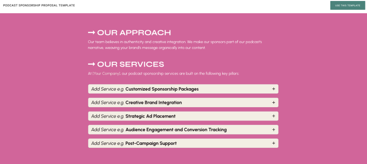 Podcast sponsorship proposal templates showing customizable services and sponsorship options.