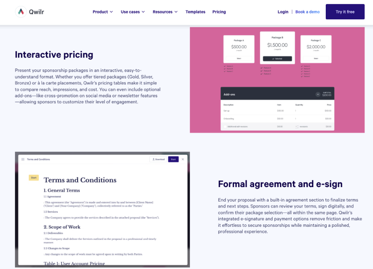 Proposal platform with interactive pricing, agreements, and sponsorship package management.