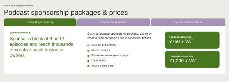 Pricing page outlining different podcast sponsorships and advertising packages.