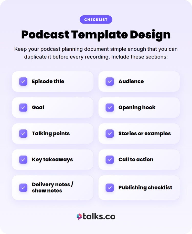 Podcast planning outline showing episode title, audience, talking points, call to action, and publishing checklist.