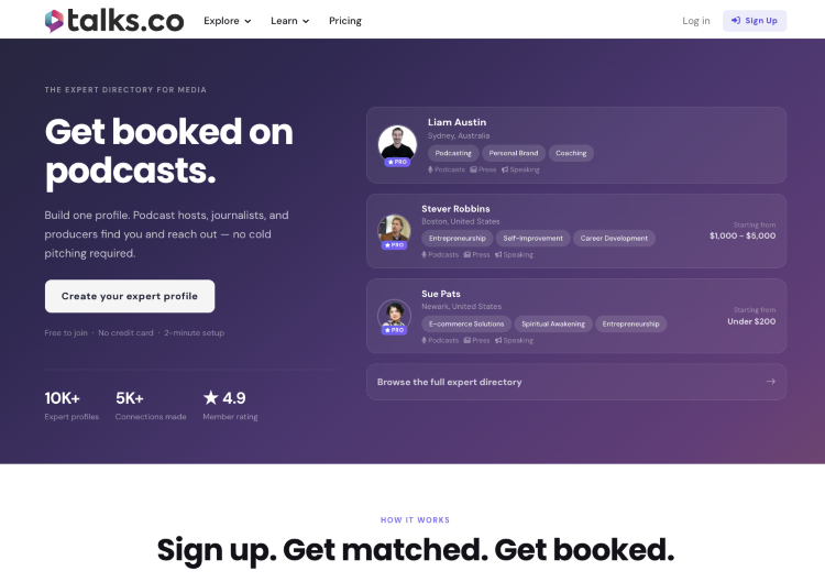 Talks.co homepage helping podcasters connect with guests and get booked on shows.