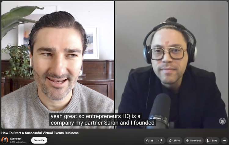 Two podcasters recording a remote video interview for an online show.