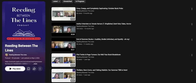 Podcast playlist showing multiple published podcast episodes in a listening app.
