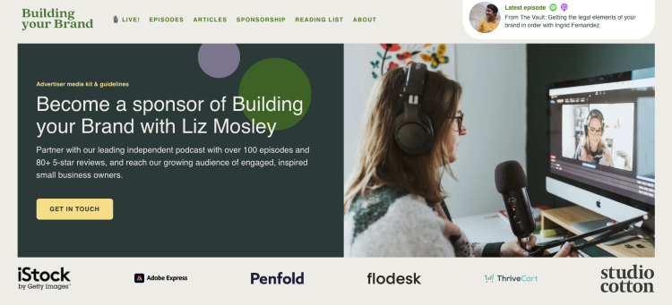 Podcast sponsorship page showing information that a potential sponsor would review before advertising.