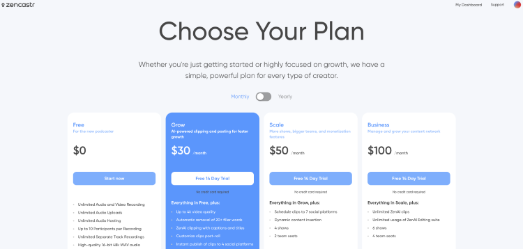 Zencastr pricing page showing plans with different advanced features for creators.