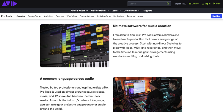 Pro Tools website showing how pro tools focuses on professional music creation, audio production, editing, and mixing.