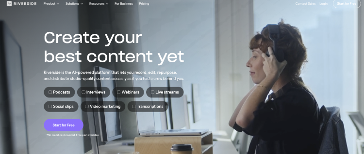 Riverside homepage promoting the ability to record studio-quality interviews from anywhere.