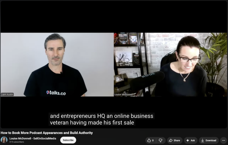 Two hosts recording a podcast remotely using microphones and video conferencing software.