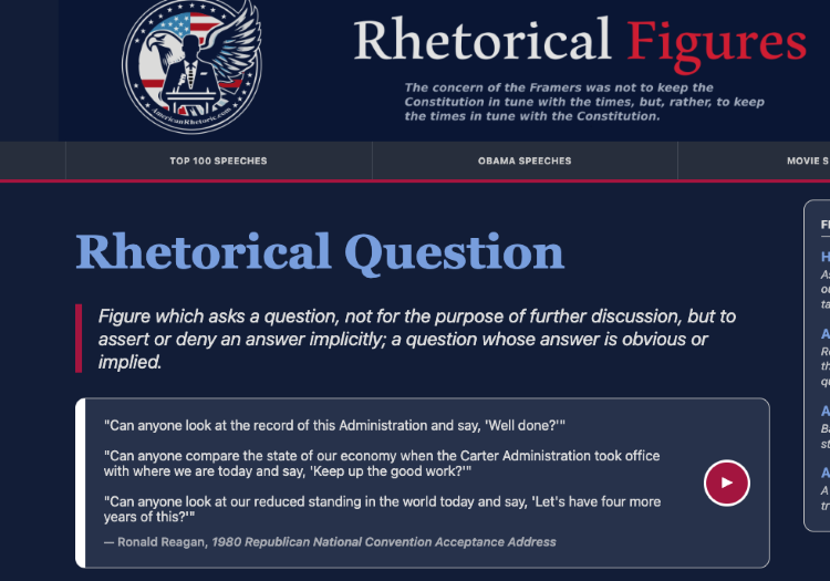 A reference page explaining that a rhetorical question is a figure of speech where the answer is implied rather than spoken.