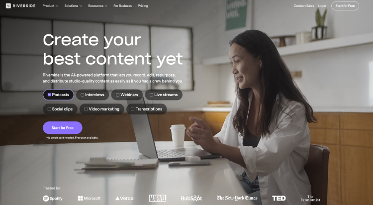 Riverside homepage presenting a platform designed for podcasters, interview creators, webinar hosts, and video content teams.