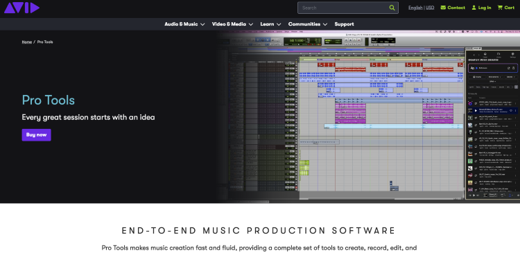 Pro Tools website displaying professional music production and robust audio editing software.