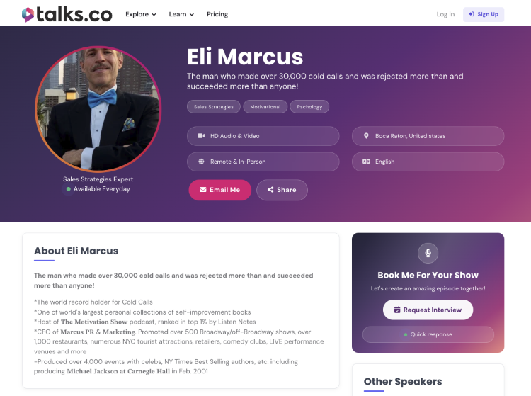 Short bio examples for a professional speaker profile highlighting expertise, achievements, and contact information.