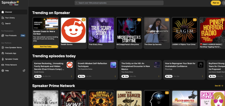 Screenshot of the Spreaker platform featuring trending podcasts and discovery tools that encourage listener engagement.
