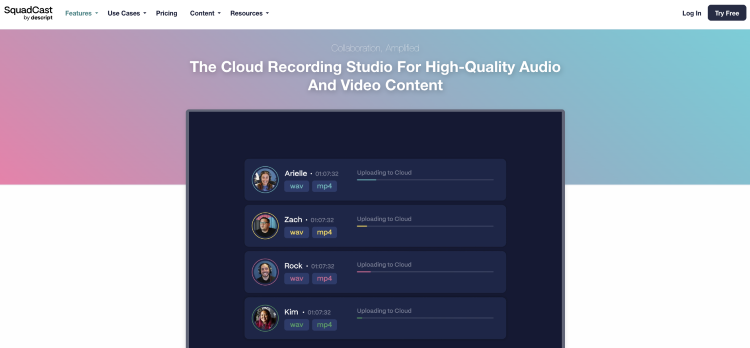 SquadCast cloud recording interface designed for reliable audio quality during remote interviews.