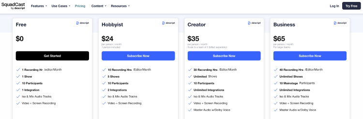 SquadCast pricing plans for creators looking to improve their podcast editing process