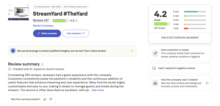 Trustpilot review page highlighting StreamYard’s customization and branding for live streaming.
