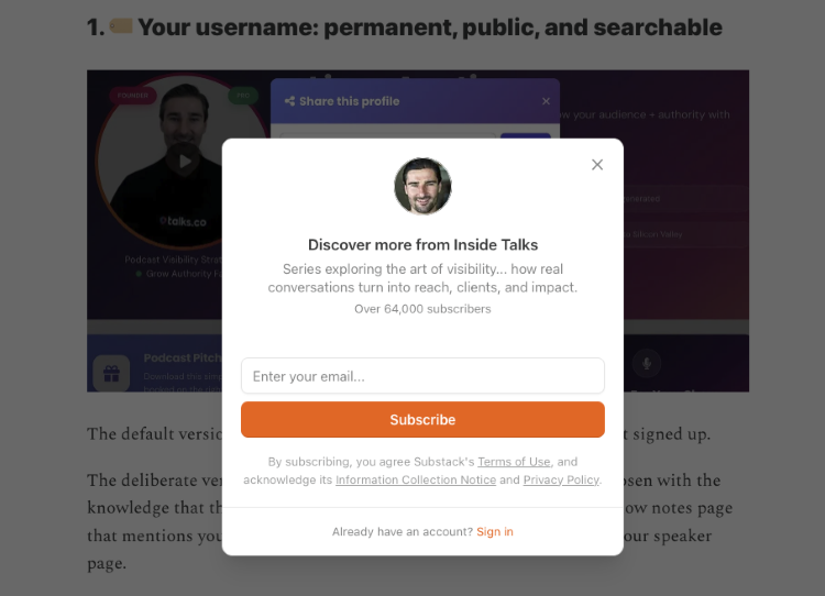 Subscription popup inviting a subscriber to join a newsletter with an email signup form.