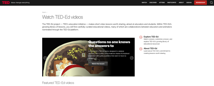 TED-Ed page designed to bring new ideas into the classroom through short educational videos and animated lessons.
