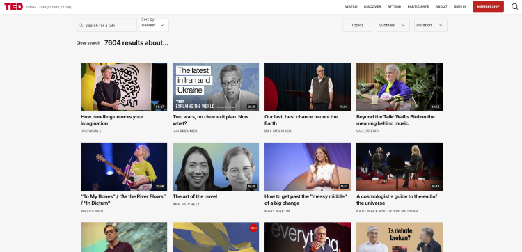 TED search results illustrating how ted talks have become one of the largest collections of educational and inspirational presentations.