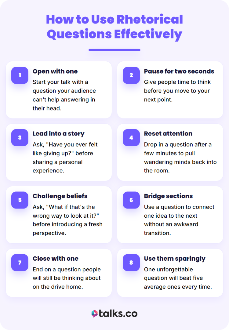 Guide showing practical ways to use rhetorical questions to persuade an audience during presentations and speeches.