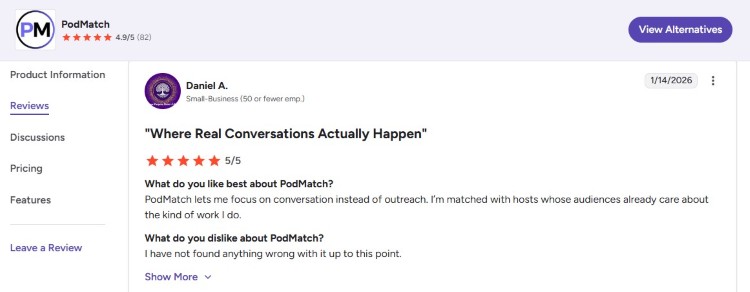 Verified PodMatch review describing a positive experience using the platform to connect with relevant podcast hosts.