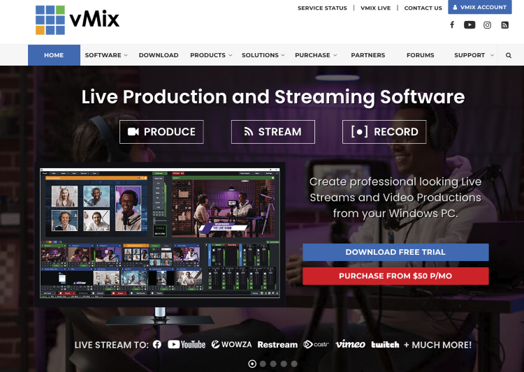 vMix homepage highlighting that vMix is available for Windows-based live production.