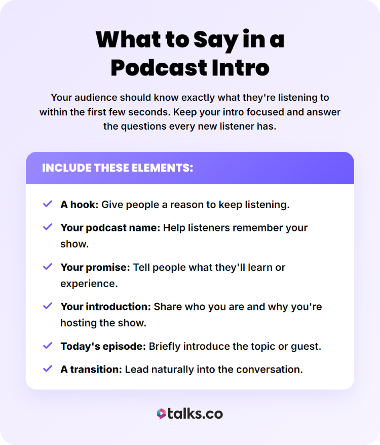 Checklist showing what to include in your podcast intro, including a hook, show name, promise, and episode introduction.