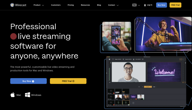 Wirecast homepage promoting professional video live streaming software for creators and businesses.