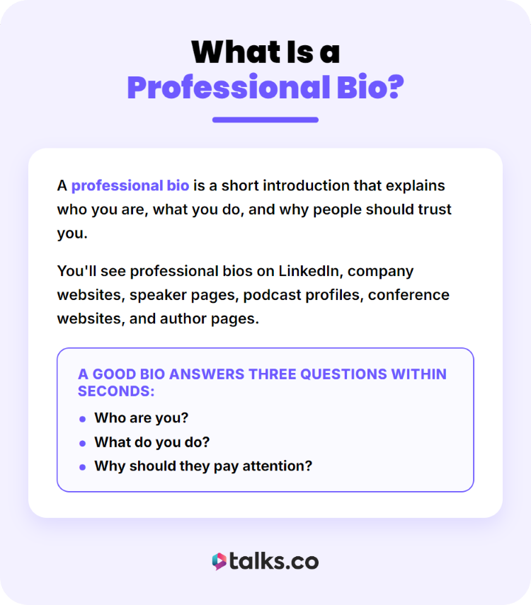 Infographic explaining how to write a professional short bio that introduces your experience and credibility.