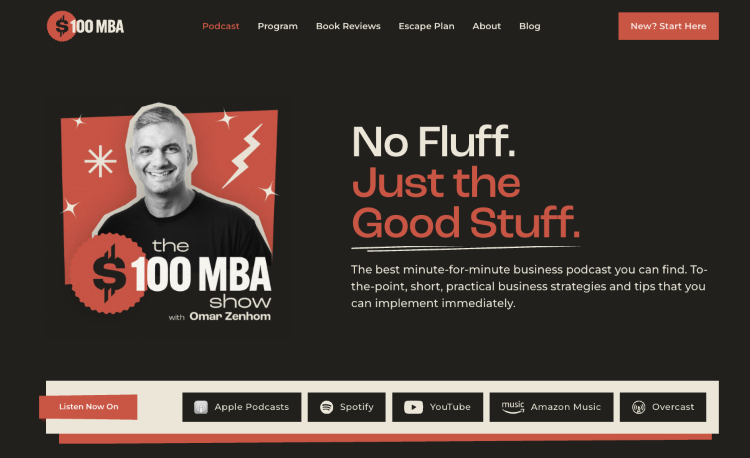 The $100 MBA Show website featuring a practical business podcast for entrepreneurs and business owners.