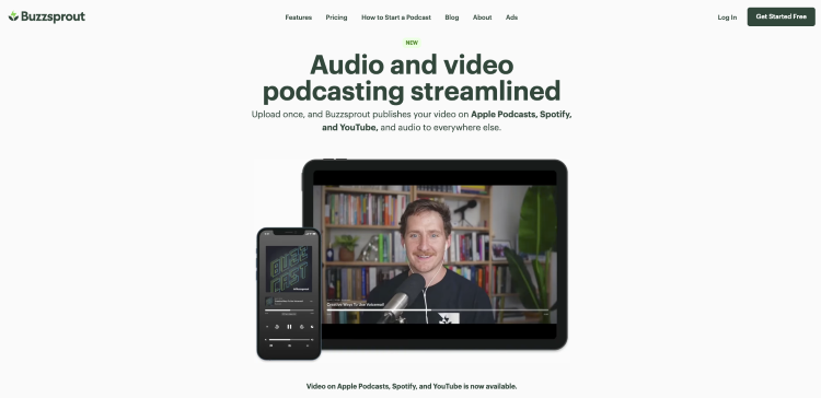 Buzzsprout homepage highlighting podcasting tools for publishing audio and video podcasts.