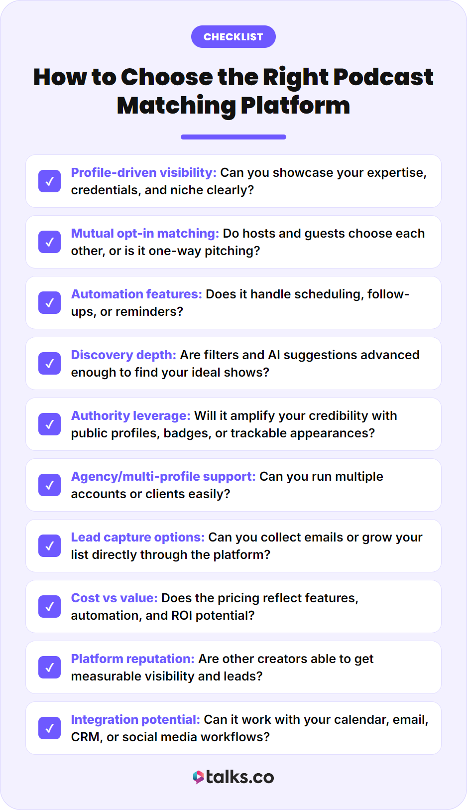 Podcasting platform checklist covering profiles, mutual matching, automation, discovery, pricing, reputation, and integrations