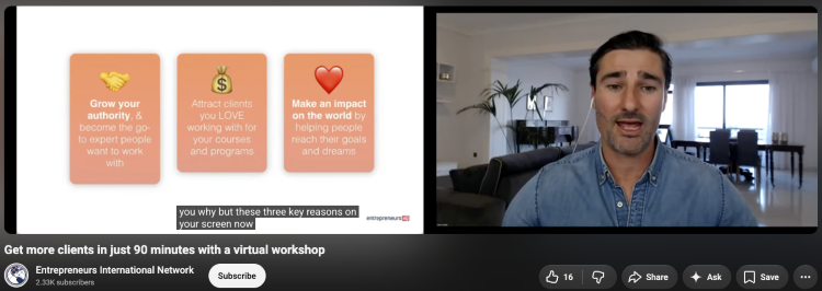 Speaker explaining the principles of crafting compelling presentations during an online workshop.