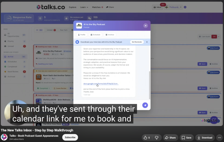 Messaging interface showing an interview invitation and scheduling workflow to handle questions during the presentation and follow-up discussions.