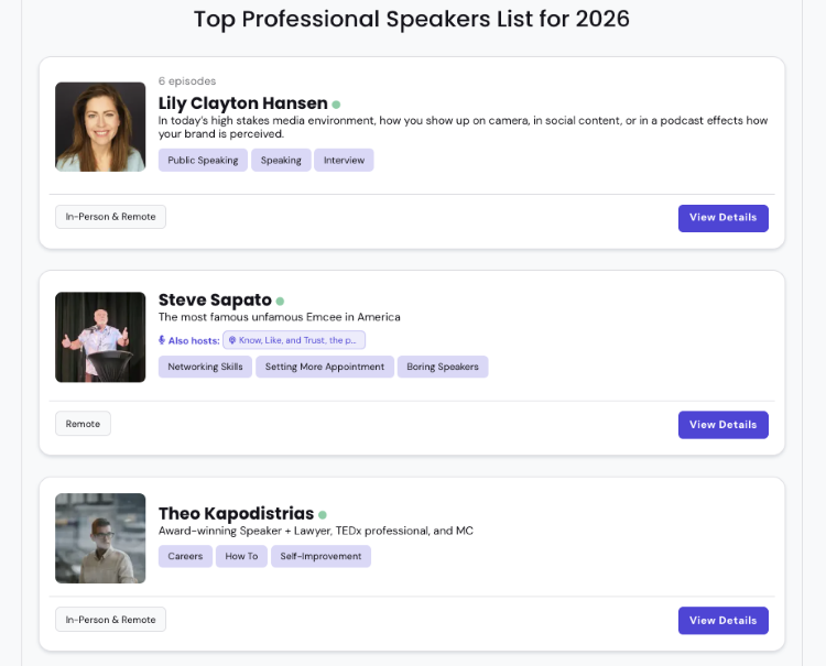 Professional speaker directory featuring experts who emphasize authenticity, self-improvement, interviews, and public speaking