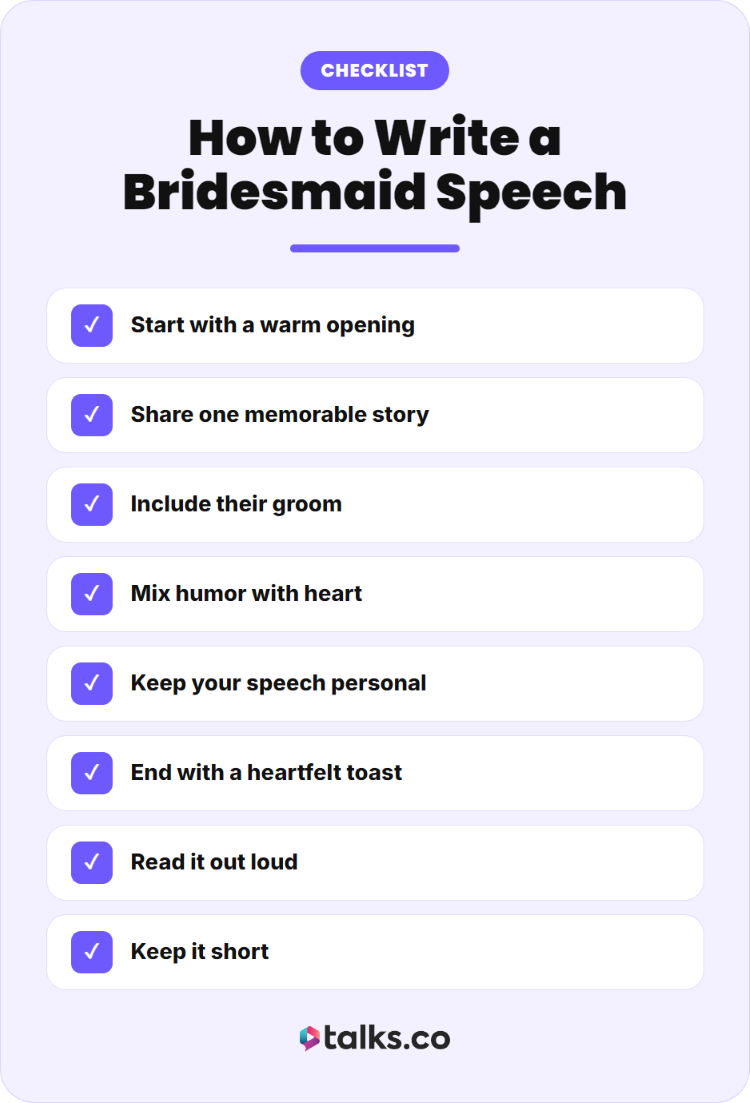 Checklist explaining the key steps for giving a maid of honor speech, including opening, storytelling, and ending with a toast.