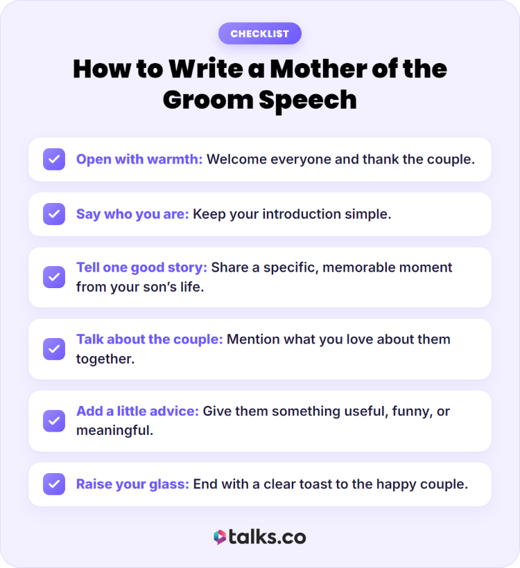 Checklist for giving a mother of the groom speech with a warm opening, personal story, advice, and final toast