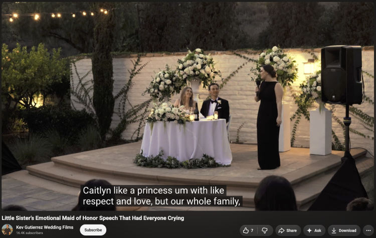 Bridesmaid giving a heartfelt toast while the happy couple sits together at the head table.