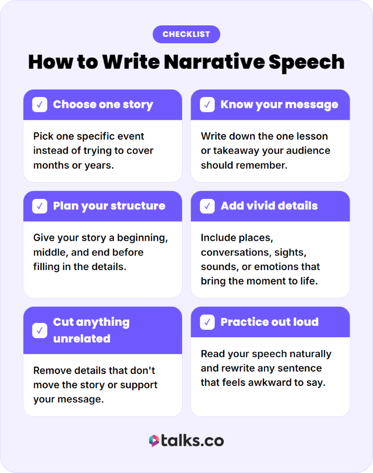 Checklist explaining how to rehearse a narrative speech by planning, practicing aloud, and refining each section.