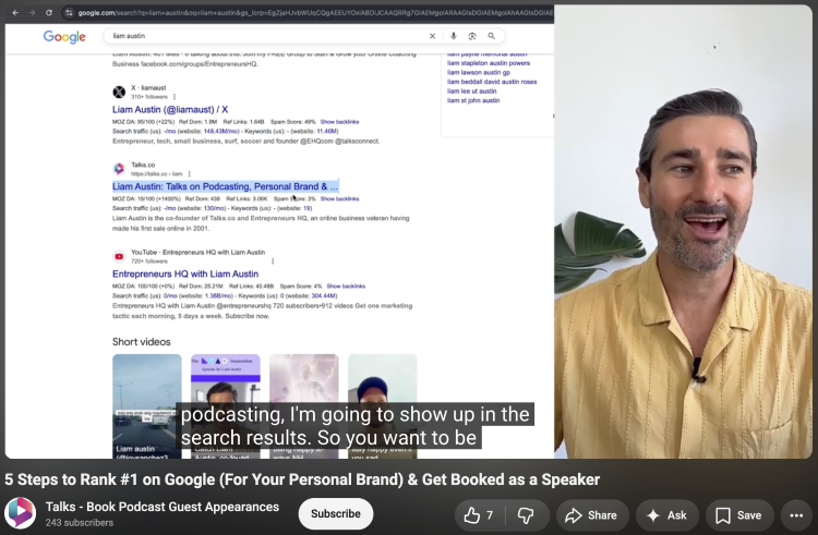 Google search results showing Liam Austin’s online presence and influencer visibility across Talks.co, social media, and YouTube.
