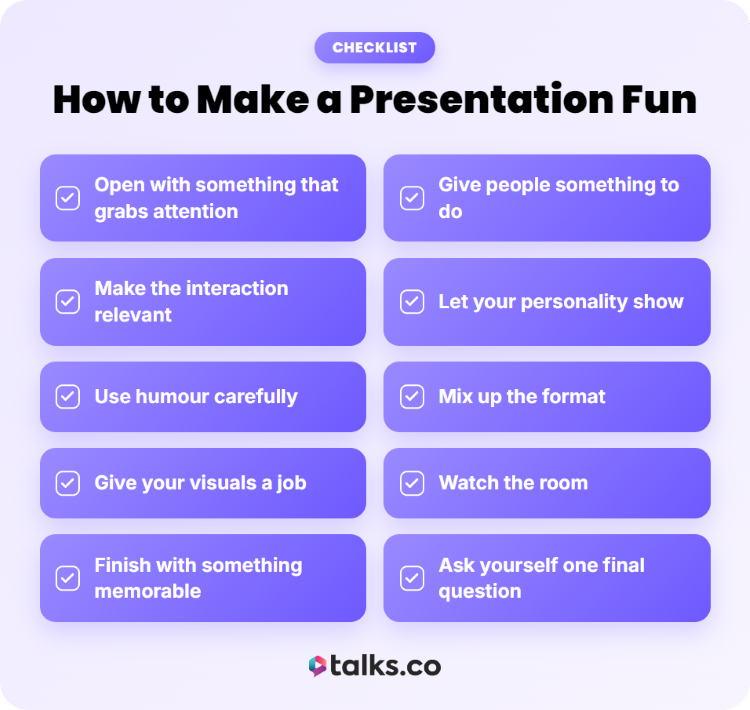 Checklist showing ways to make an interactive presentation fun with audience activities, humor, visuals, and varied formats.