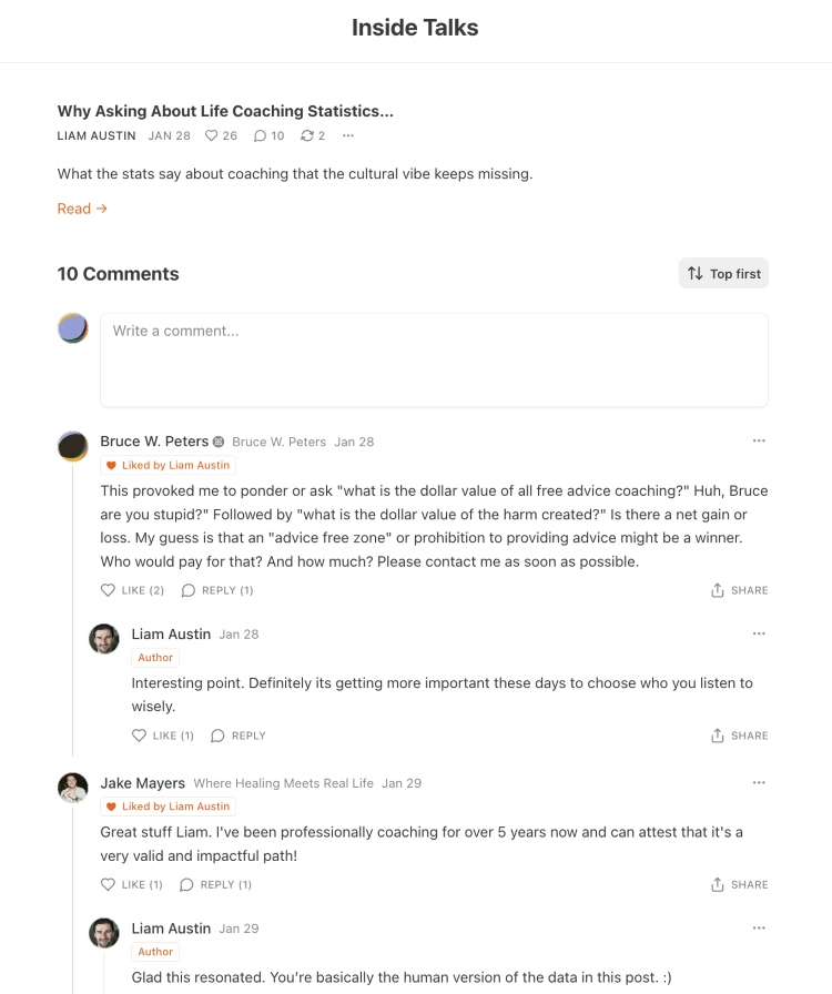 Online article discussion showing comments, replies, likes and reactions from readers engaging with the author.