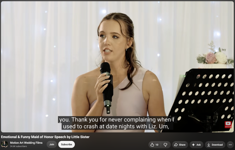 Little sister delivering an emotional bridesmaid speech while holding a microphone at a wedding reception.