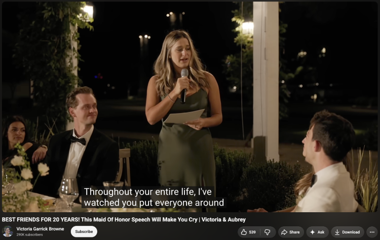 Bridesmaid delivering a maid of honor wedding speech during a wedding reception while the bride and groom listen.