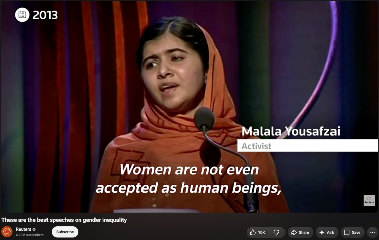 Malala Yousafzai delivering a motivational speech about women, equality, and human rights.