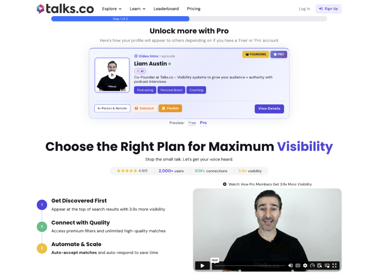 Talks.co profile showing networking opportunities for experts through podcast guest appearances and professional connections