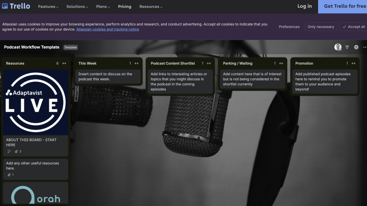 Trello workflow board designed to organize your podcast with content ideas, weekly tasks, waiting items, and promotion stages.