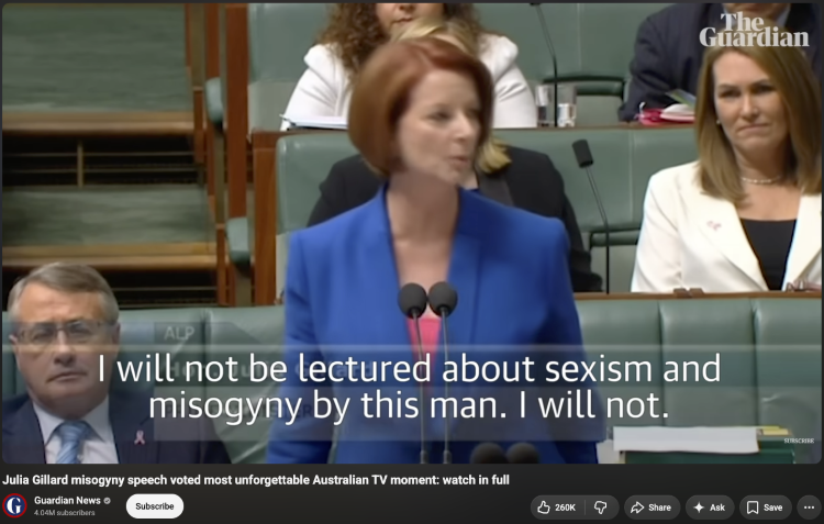 Julia Gillard delivering a persuasive speech about sexism and misogyny in the Australian Parliament.